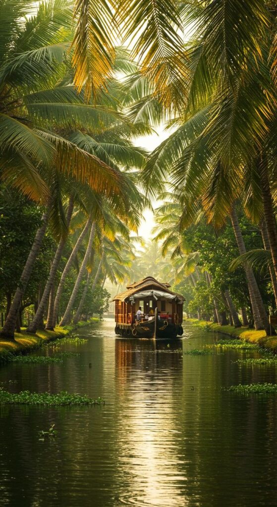 Traditional Kerala houseboat cruising through backwaters